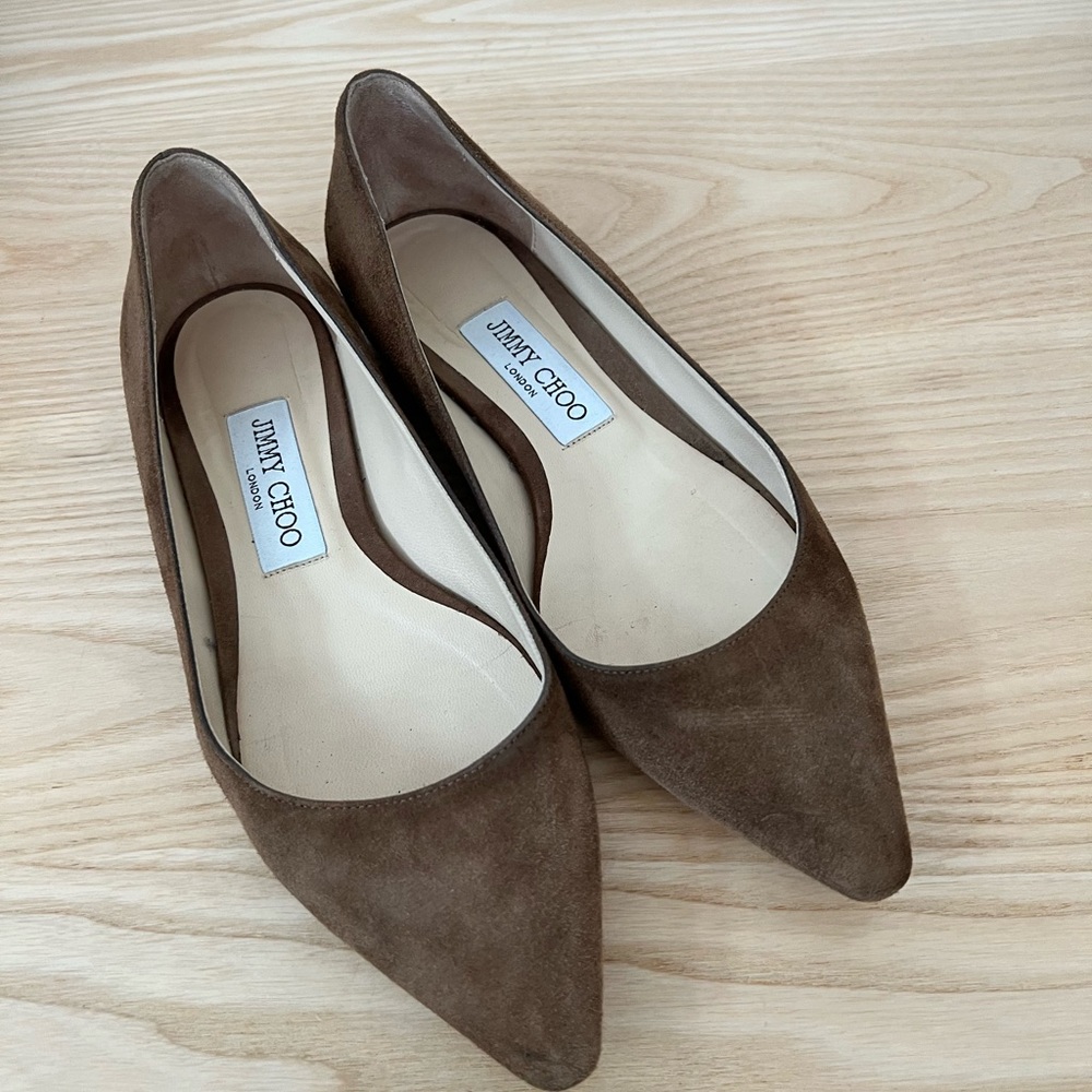 Jimmy Choo Taupe Sued Flats